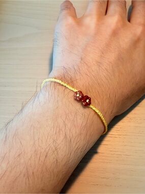 Yellow Cord Bracelet with Red Floral Jadeite Beads